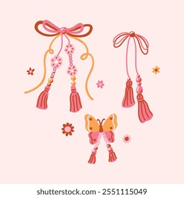 Ein Satz Boho Bows. Kollektion von groovy dekorativen Elementen. Farbenfrohe hübsche Schleifen Knoten mit Gänseblümchen, Schmetterling, Makrame, Perlen. Handgezeichnete Vintage-Illustration. Inspiration 1970