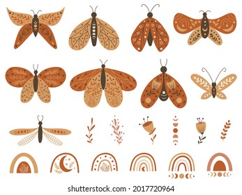 Set of Boho Butterflies and rainbows. Vector illustration.