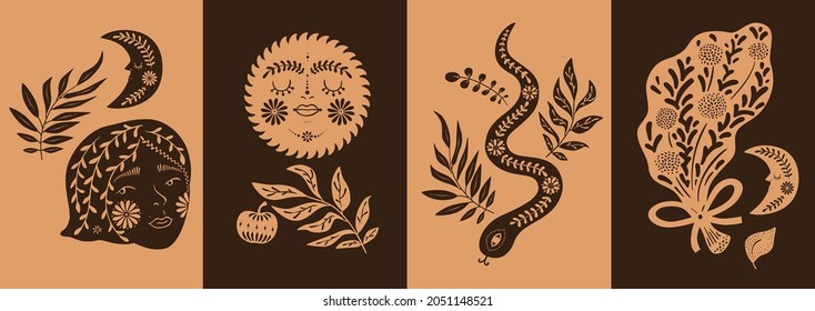 Set of boho celestial autumn posters, vertical cards. Abstract woman portrait, the Sun, snake, bouqet, florals. Silhouette linocut style. For print, cover, article, social media. Vector illustration.