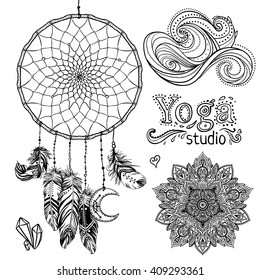 Set of  Boho Chic Style Elements. Vector illustration. Tattoo template. Hand drawn Native American Indian talisman dream catcher. Tribal symbol collection. Hippie design elements. Zentangle style.