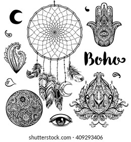 Set of  Boho Chic Style Elements. Vector illustration. Tattoo template. Hand drawn clip art of Native American Indian talisman dream catcher. Tribal collection. Hippie design elements. Zentangle style