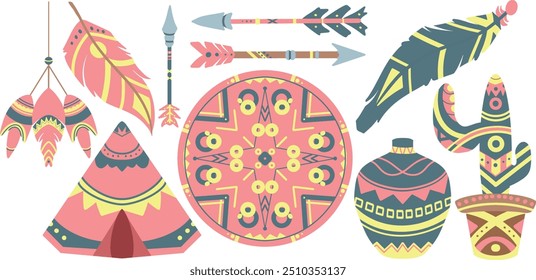 Conjunto de boho chic con ilustraciones tribales y salvajes. flecha, florero de la tienda, cactus, pluma, diseño de mandala.