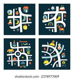 Set of boho Christmas maps with house, fir trees, sock, snowman, moon, stars, etc. Ready postcard templates. Scandinavian winter illustrations.