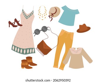 Set of boho clothes. Vector illustration in flat cartoon style. Boho outfits vector concept.