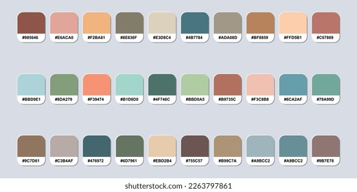 Set Of Boho Color Palette Catalog Sample With RGB HEX Codes Isolated In Seperate Groups For Ui Design, Fashion, Interior And Website Designing. Neomorphism Vector Graphics.