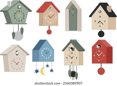 set of boho cuckoo clocks. contemporary time measuring device in shape of houses isolated on transparent background. neat vector illustration of pendulum clocks. nowadays interior design