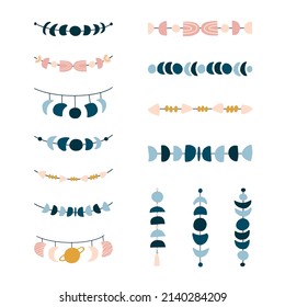 Set of boho decorations. Bohemian decor hanging and mobile with abstract, magical, moon phases elements. Vector illustration