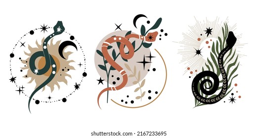 Set of boho design elements with snakes. Trendy witchy illustration. Mystical logo in a minimalist style. Cosmic minimalistic background