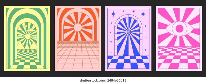 Set Of Boho Doors Vector Design. Cool Mystic Abstract Psychedelic Posters Set. Minimal Geometric Placards.