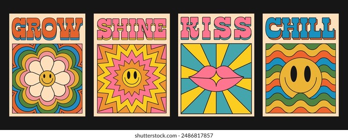 Set Of Boho Doors Vector Design. Cool Mystic Abstract Psychedelic Posters Set. Minimal Geometric Placards.