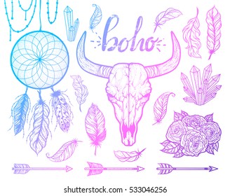 Set of Boho elements. Bull skull native Americans tribal style. Dotted Tattoo blackwork. Vector hand drawn illustration.