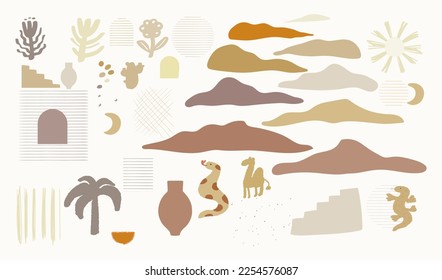 Set of Boho Elements for Design and Decoration. Variety of boho-inspired elements such as plants, animals,mountains.Pastel color palette and can be easily customized to fit any color scheme.