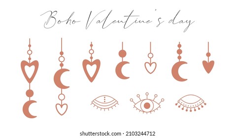 A set of boho elements with hearts, a crescent moon, open and closed eyes. Boho symbols, pendants with a heart. Decorative elements for Valentine's Day. Color vector illustrations isolated on white