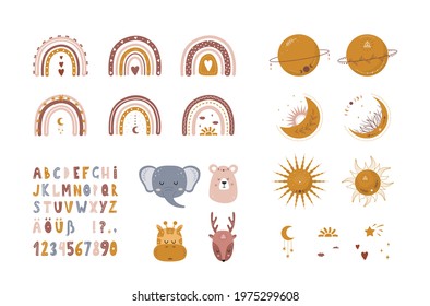 Set of boho elements rainbows, planets, moons, suns, animals. Cute hand drawn alphabet. Characters for nursery posters, cards, home decor, wallpaper. Vector illustration in flat cartoon style.