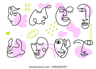 Set of boho faces in flat cartoon design. Linear of faces in an abstract style with bright and colorful shapes and spots on the background. Vector illustration.