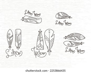 Set of boho feather, native symbol, natural, writer literary vector logos. Hipster collection vector emblems with fluffy plume illustration
