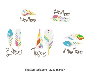 Set of boho feather, native symbol, natural, writer literary vector logos. Hipster collection vector emblems with fluffy plume illustration