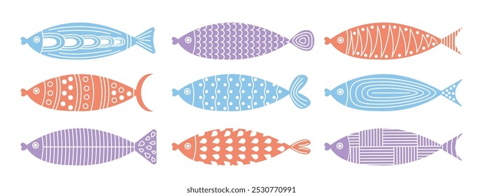 Set of boho fishes. Red, blue and violet fishes with various patterns. Minimalistic absract ornaments in bohemian style. Creativity and art. Flat vector collection isolated on white background