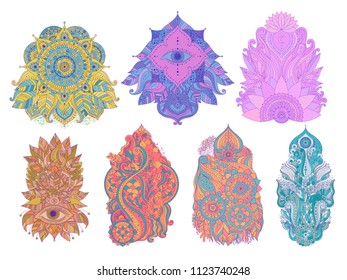 Set of boho floral abstract design elements for invitations, posters, prints, oriental Asian Indian art objects isolated, with lotus flower and magical eye. Vector.