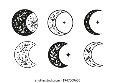 Set of boho floral moon with leafy branches and stars isolated on white background. Witchy luna. Alchemy esoteric magic talisman. Mystical crescent.