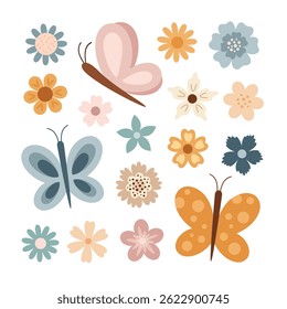 Situado com boho flores e borboleta. primavera, verão mão desenhado objetos sazonais. Ilustração vetorial em estilo plano
