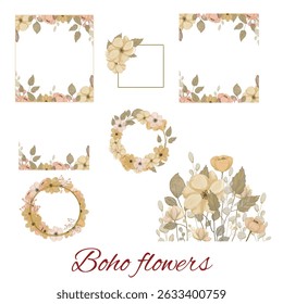 Set of boho flowers compositions. Floral clipart. Invitation templates, greeting cards. Wedding, birthday, celebration 