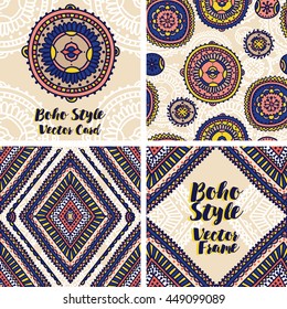 set of boho frames and seamless patterns, doodle colorful ornaments, vector illustration
