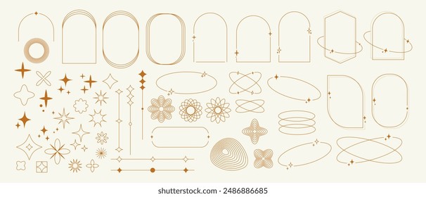 Set of boho geometric shapes in trendy retro style. Minimal Y2k aesthetic. Modern minimalist arch frame with sparkles. Trendy design elements for banners, social media, poster design, packaging.