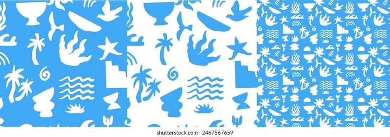 Set of boho groovy blue and white patterns.  Vector illustration background in trendy retro naive simple style. 
