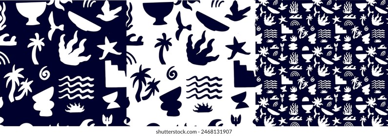 Set of boho groovy dack blue and white patterns.  Vector illustration background in trendy retro naive simple style. 