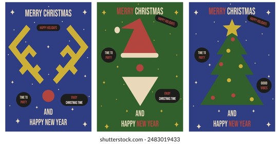 Set Boho Groovy style Christmas greeting card. Simple Naive santa reindeer XMAS tree. Abstract Swiss vector aesthetic can used social media holiday poster, postcard, banner. EPS 10