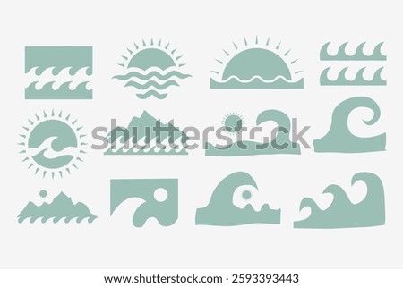 Set of Boho Groovy wave, sunset, beach, sun vector design element