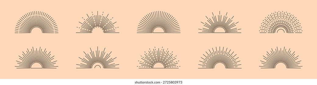 Conjunto de boho meio nascer do sol ícones de linha com vários retro, geométrica, e radiando desenhos de linha