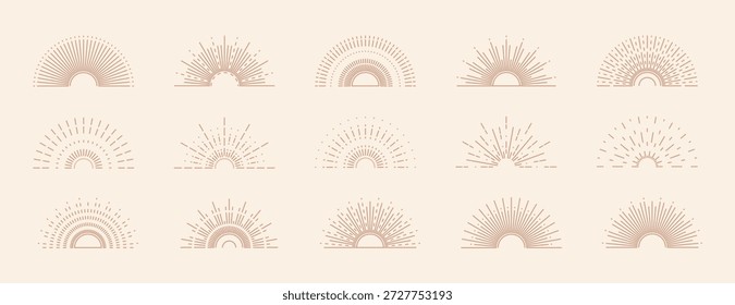 Set of boho half sunrise line icons with various retro, geometric, and radiating line designs