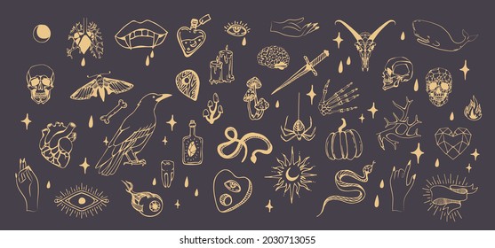 Set of boho hand drawn mystical magic set. Esoteric doodle elements and logo icons with hands, raven dagger. Black outline style. Abstract vector illustration