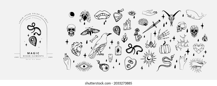 Set of boho hand drawn mystical magic set. Esoteric doodle elements and logo icons with hands, raven dagger. Black outline style. Abstract vector illustration