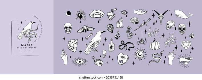 Set of boho hand drawn mystical magic set. Esoteric doodle elements and logo icons with hands, raven dagger. Black outline style. Abstract vector illustration