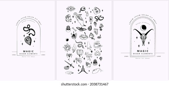 Set of boho hand drawn mystical magic set. Esoteric doodle elements and logo icons with hands, raven dagger. Black outline style. Abstract vector illustration