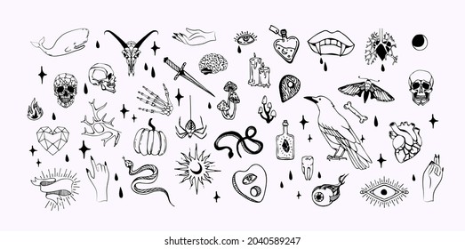 Set of boho hand drawn mystical magic set. Esoteric doodle elements and logo icons with hands, raven dagger. Black outline style. Abstract vector illustration