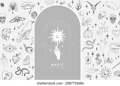 Set of boho hand drawn mystical magic set. Esoteric doodle elements and logo icons with hands, raven dagger. Black outline style. Abstract vector illustration