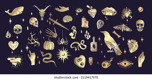 Set of boho hand drawn mystical magic set. Esoteric doodle elements and logo icons with hands, raven dagger. Black outline style. Abstract vector illustration