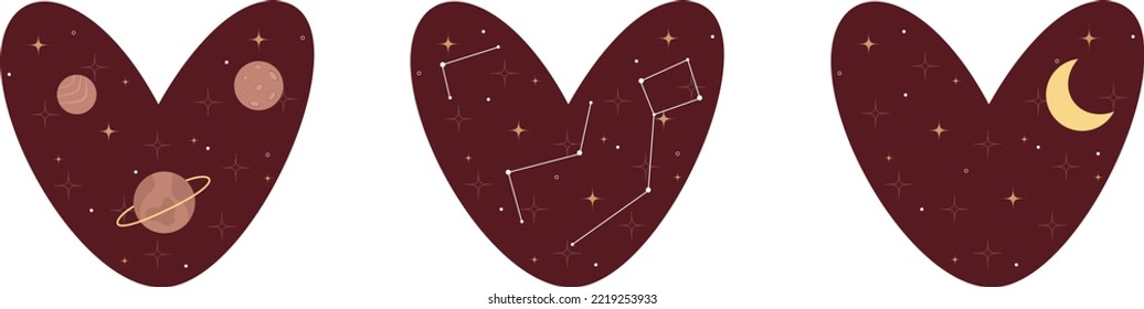 Conjunto de corazones boho - estrellas cielo oscuro y planetas de estilo plano. Corazón morado con estrellas y luna.