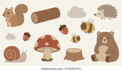 Conjunto de ilustración boho con animales del bosque y Elementos