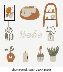 Set of boho interior design elements. Clipart, postcard, poster, background. Furniture items in Nordic style. Hand drawn vector illustration.