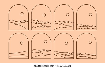 Set of Boho Landscape Logos in Trendy Minimal Liner Style