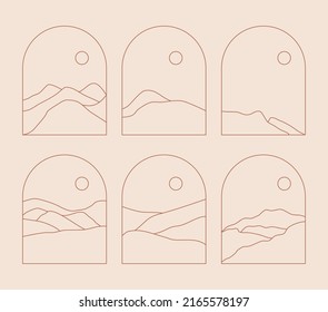 Set of Boho Landscape Logos in Trendy Minimal Liner Style