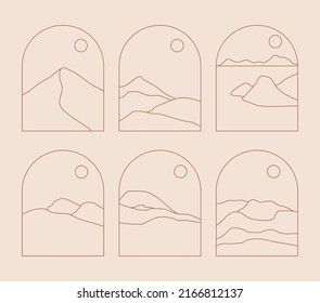 Set of Boho Landscape Logos in Trendy Minimal Liner Style