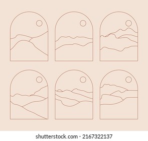 Set of Boho Landscape Logos in Trendy Minimal Liner Style