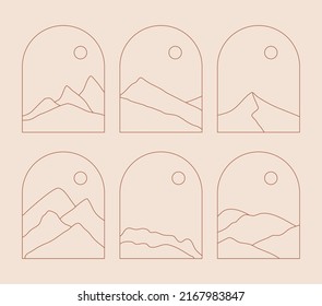 Set of Boho Landscape Logos in Trendy Minimal Liner Style