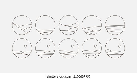 Set of Boho Landscape Logos in Trendy Minimal Liner Style